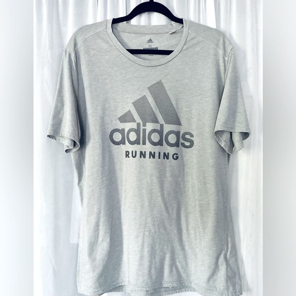 Adidas running, short sleeve, logo, gray, tee shirt. Size XL